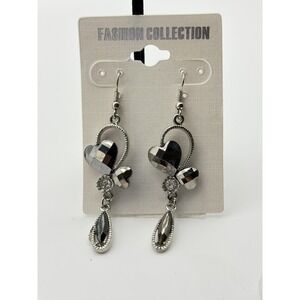 Heart Teardrop Dangle Drop Earrings Silver Tone Black Rhinestone Costume Jewelry